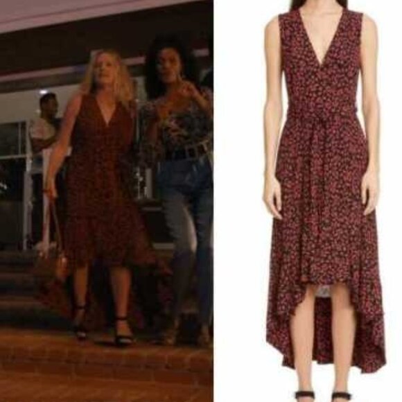 Ganni Black & Red Floral Logo Print High/Low Wrap Dress Womens 40 As Seen on TV - Picture 4 of 10